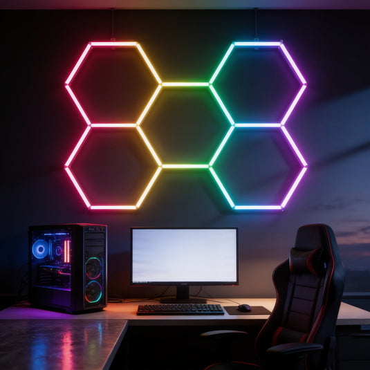 RGB hexagon LED lights on a gaming room wall