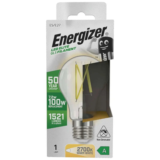 Energizer 7.2w LED Lamp, A Rated, GLS Filament E27 Screw - 2700K Warm White