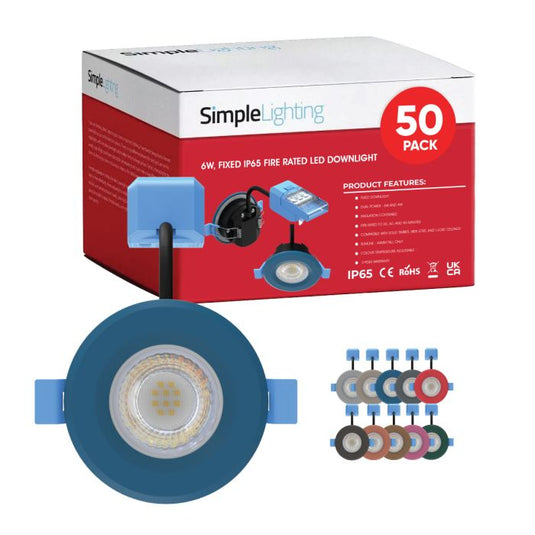 50 X 6w, Fixed IP65 Fire Rated LED Downlight - Various Finishes, features Blue Bezel