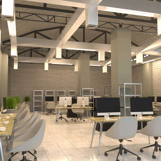 Office lit by 5ft LED battens in warm white