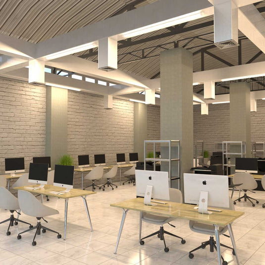 Office lit by 6ft battens in warm white
