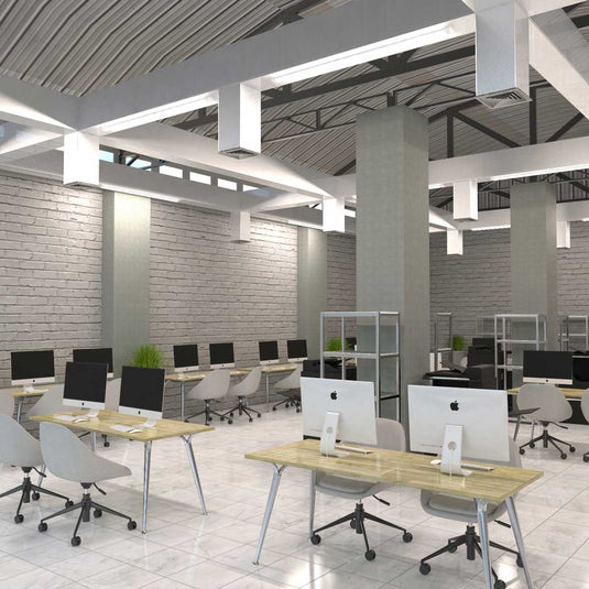 Open plan office lit by LED battens