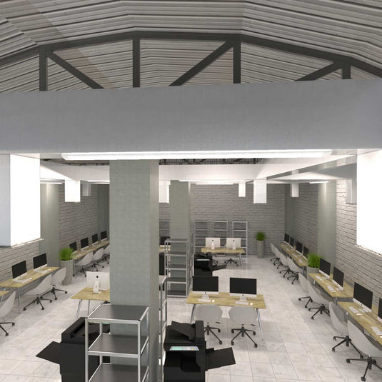 Office ceiling with LED battens, centre view