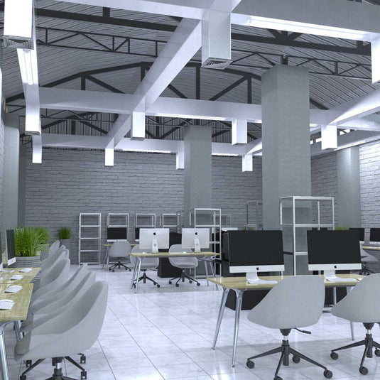 Office lit by 5ft LED battens in cool white
