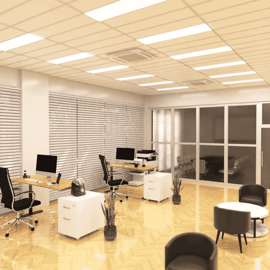 Workplace lit by natural white 1200 x 300 panels