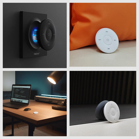 White mini remote with example uses