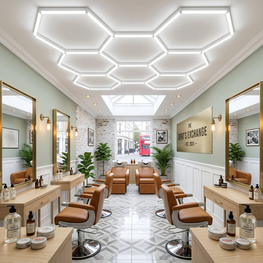 Barbershop ceiling lit by an 8 hexagon LED kit