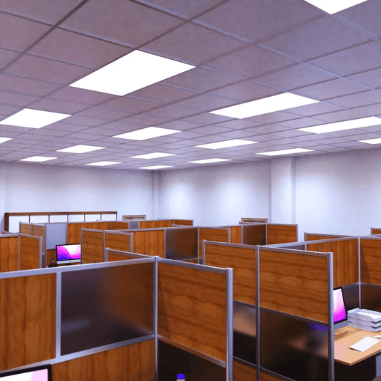 Cool white LED panels in a workplace ceiling
