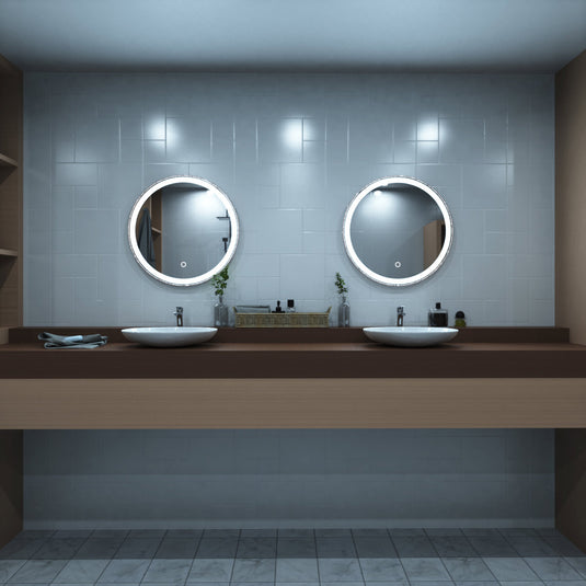 Rose Gold bezel Bathroom LED above the sinks setting in cool white light