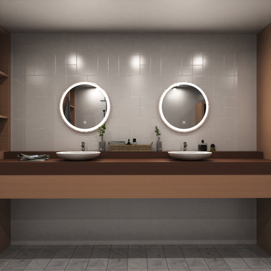Rose Gold bezel Bathroom LED above the sinks setting in natural white light