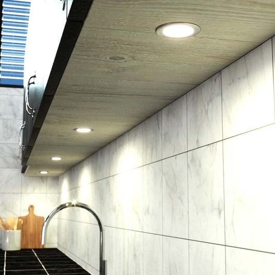 Under cabinet lights over a kitchen worktop