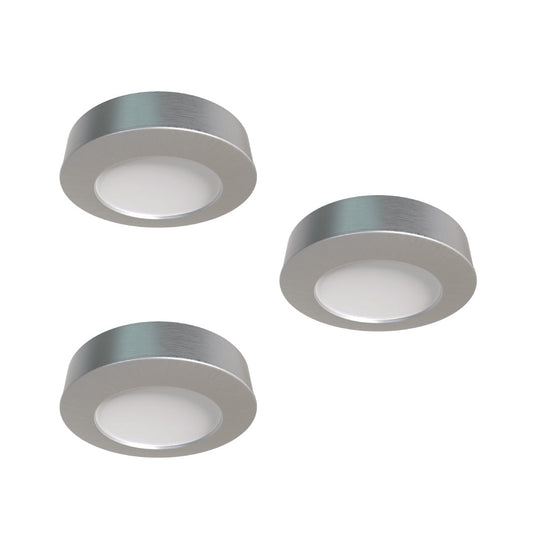 Three surface mount under cabinet lights in brushed chrome