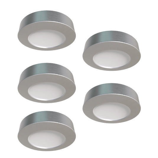 Five surface mount under cabinet lights in brushed chrome