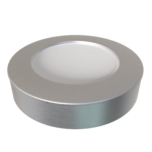 Close up of the surface mount light in brushed chrome