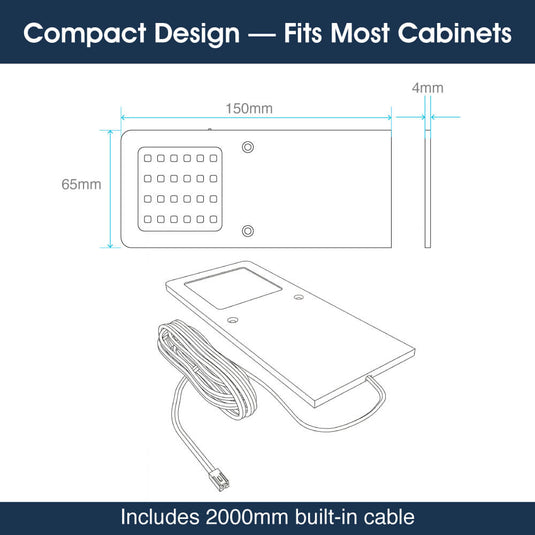 Infographic showing the compact size fits most cabinets