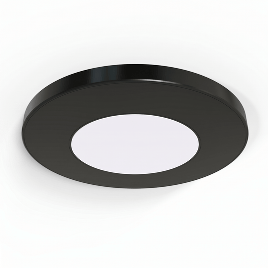 Black 75mm round LED cabinet light, front