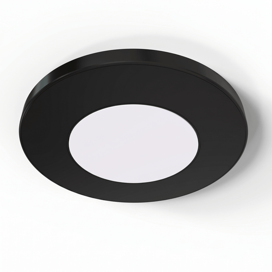 Black round cabinet light from above the front