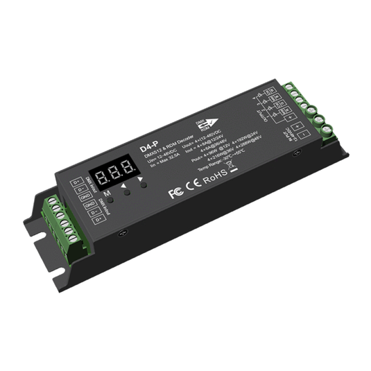 4 channel DMX decoder with green screw-terminal DMX ports