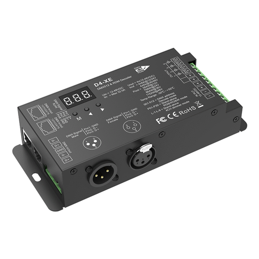 4 channel DMX decoder with RJ45 and XLR3 ports and green terminals