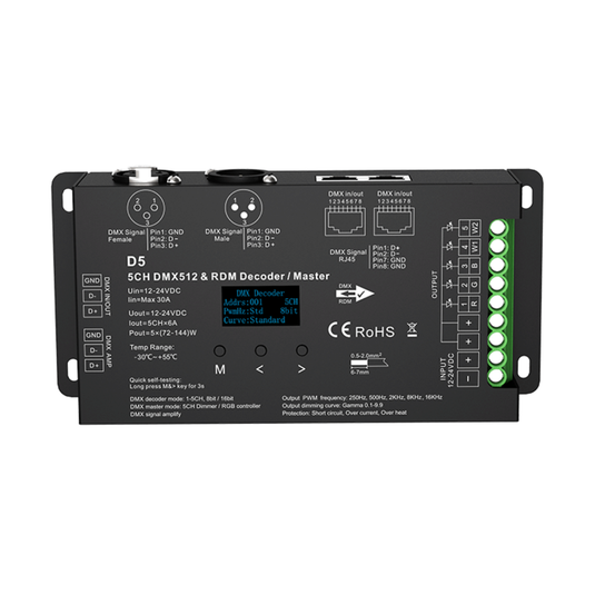 Top of the DMX decoder with its OLED screen in the centre