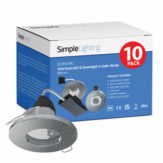 Pack of 10 satin nickel IP65 GU10 downlights