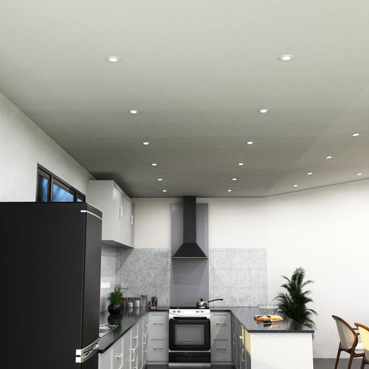 Kitchen ceiling with white fixed downlights