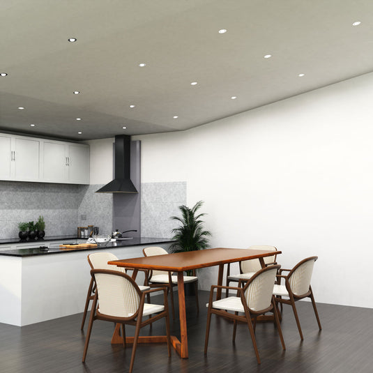 Side view of a fitted satin silver downlight