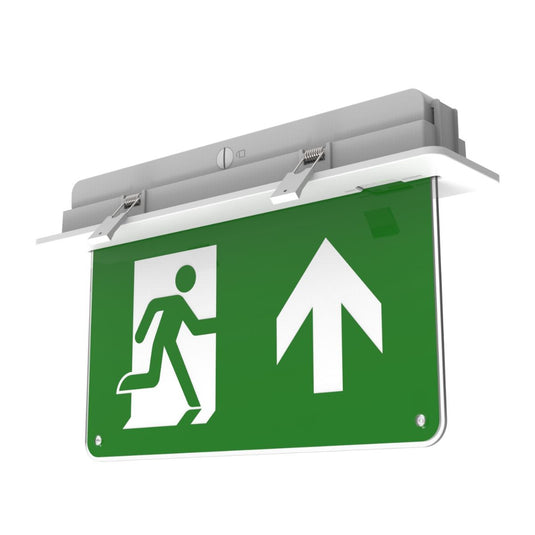 EM-EXRZ-3 exit sign fitted in the recessed mounting kit