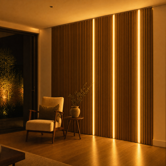 Slat wall neon in a living room with walnut panels