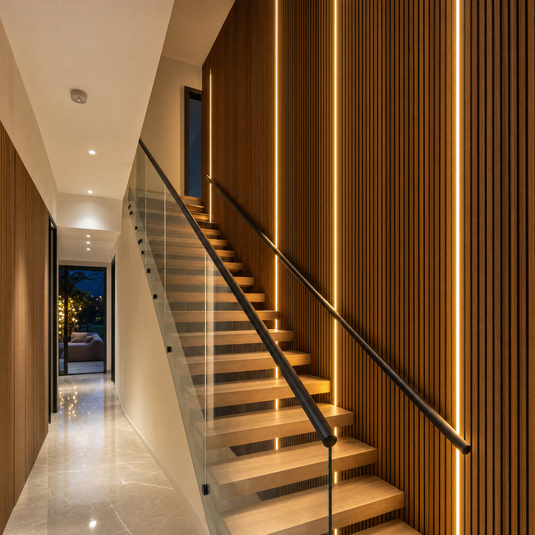 Slat wall lights beside a staircase