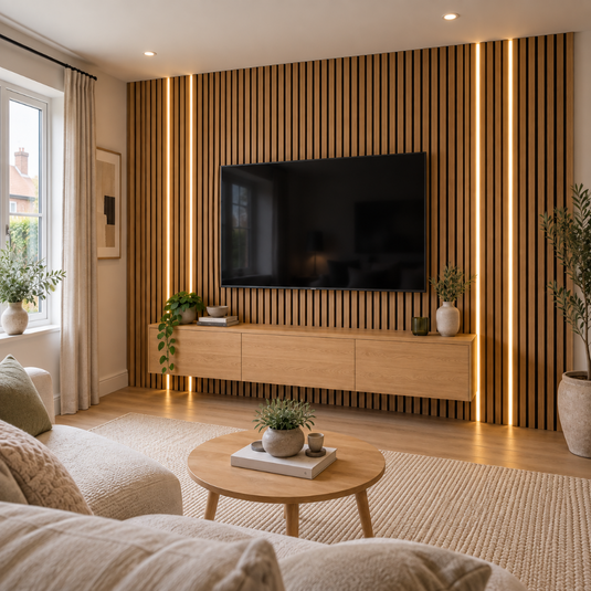 Slat wall neon on an oak media wall in daylight
