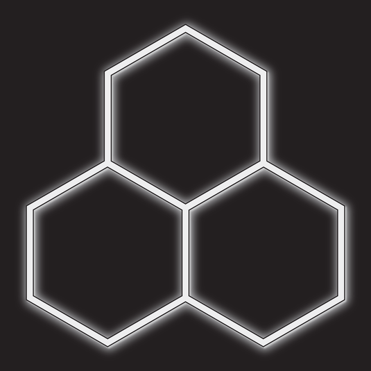 Black framed three hexagon LED kit on a black background