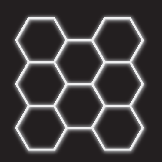 8 hexagon LED light kit, white finish, on a black background