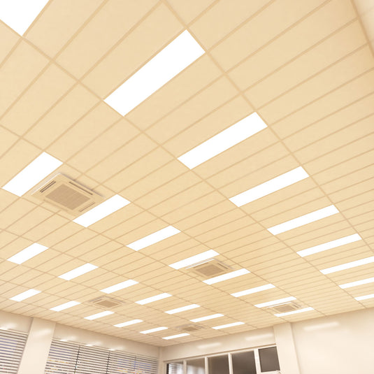 Wide ceiling grid fitted with natural white 1200x300 LED panels