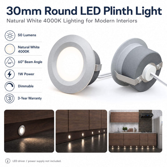 Infographic on the 30mm round LED plinth light