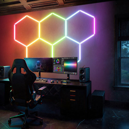 RGB hexagon lights in a games room