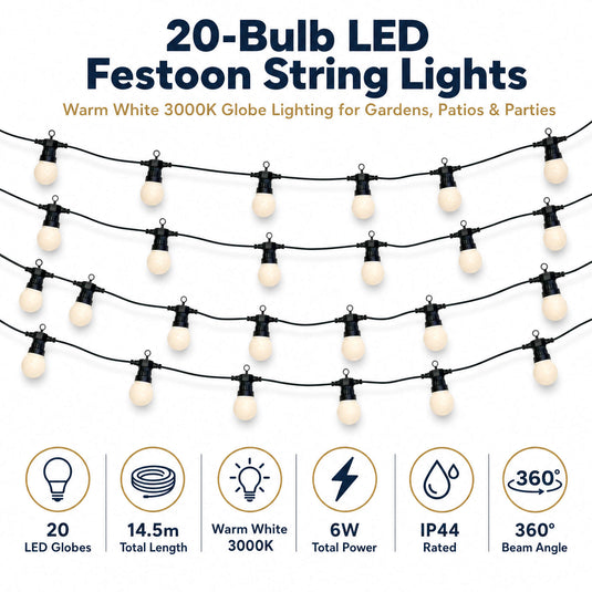 20 bulb LED festoon string lights with key specs