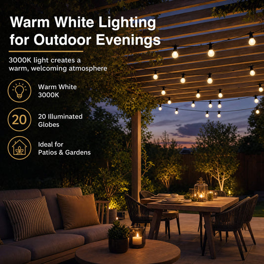 Warm white festoon lights over a patio at night