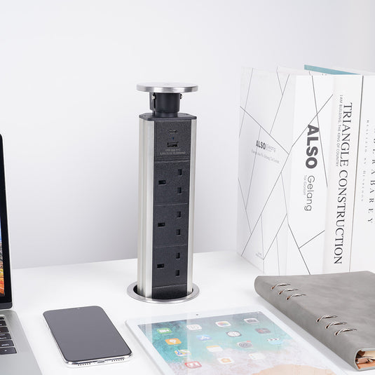 Stainless Steel Pop Up Plug Socket With USB Charging & 3 x UK Plug Sockets - Angle 2