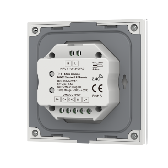 Back of the touch panel with the DMX input and output