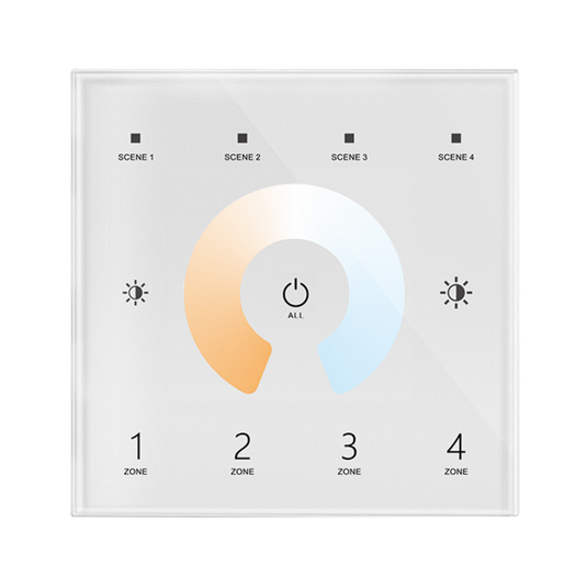 White glass tunable white touch panel with scene and zone keys