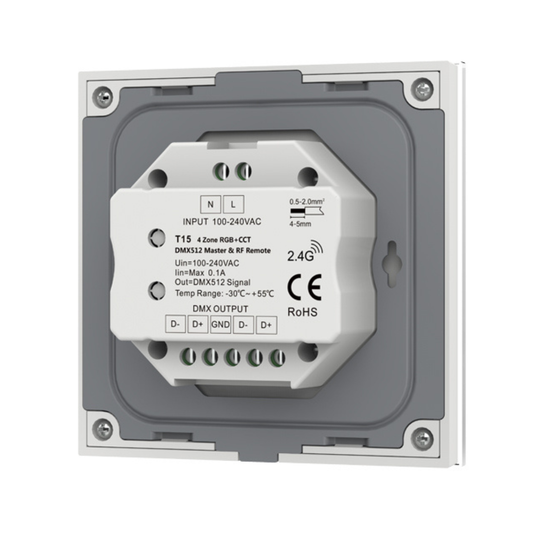 Back of the touch panel with power and DMX connections
