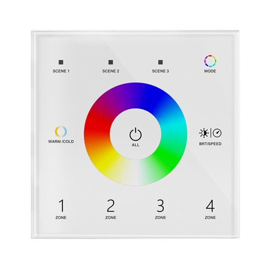 White glass RGB+CCT touch panel with colour wheel, scene and zone keys