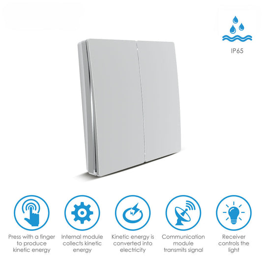 Kinetic switch with IP65 rating and icons showing how it works