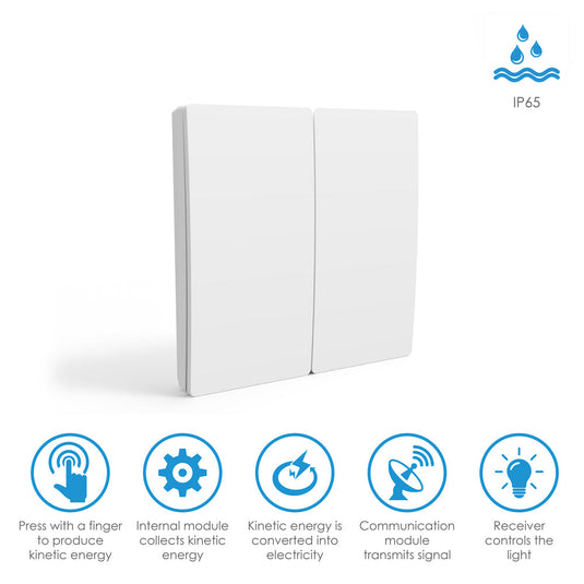 Kinetic switch with IP65 rating and icons showing how it works