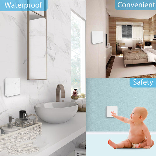 Kinetic switch receiver shown in different rooms