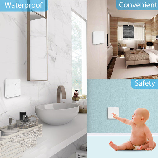 Kinetic switch receiver shown in different rooms
