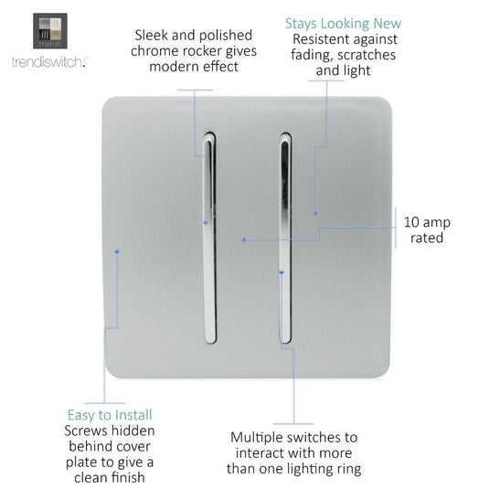 Silver 2 gang light switch with feature notes