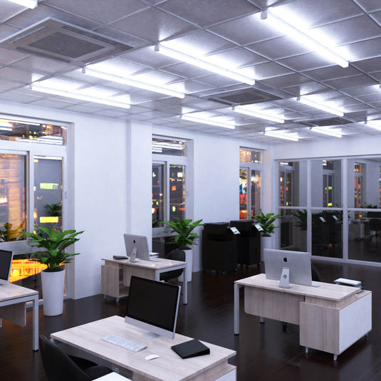 Office lit in cool white by LED battens