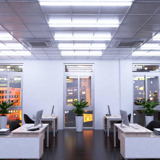 Office lit by cool white sensor battens